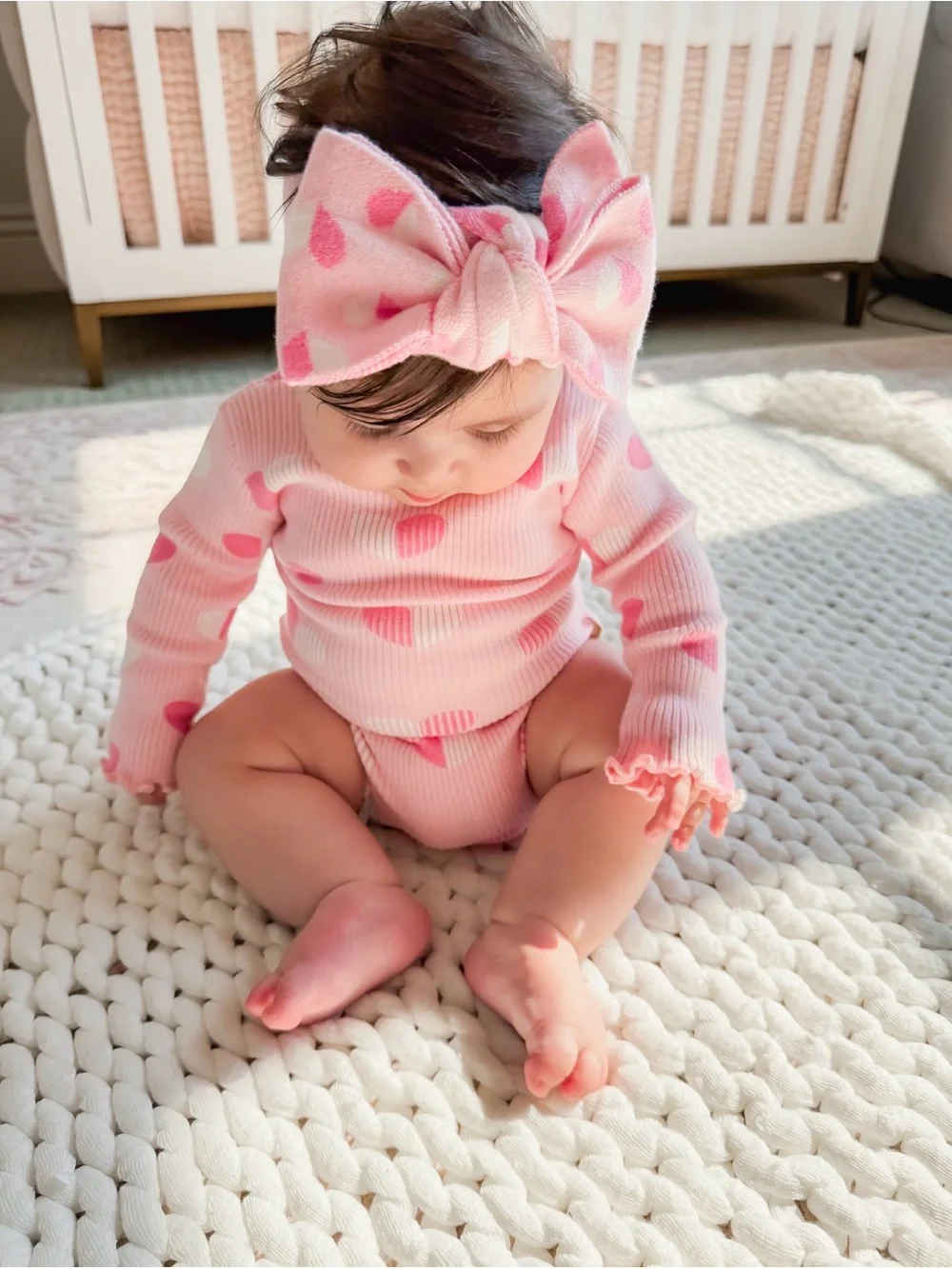 Indigo Dreams Pink Heart Ribbed Baby Headband & Bodysuit Set - Soft Pink